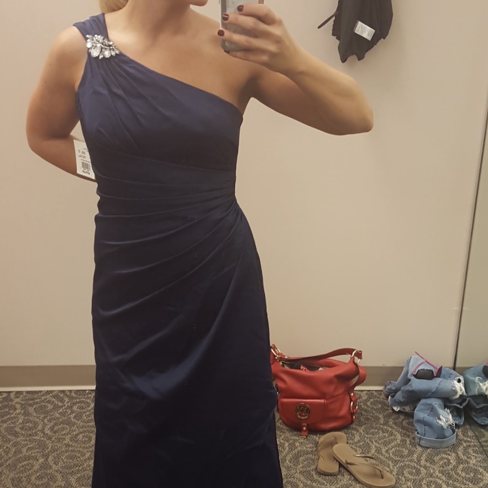 David's Bridal One-Shoulder Navy Blue Prom Dress with Embellished Strap